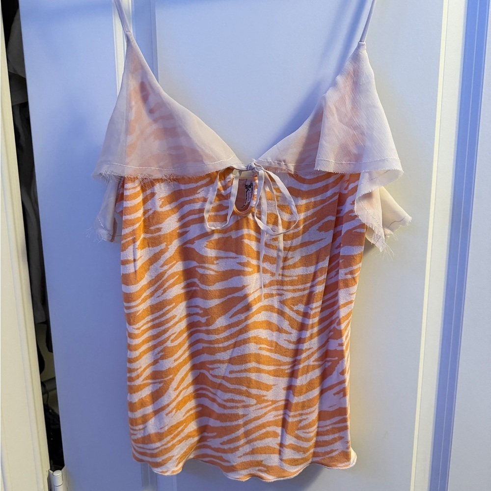 FREE PEOPLE Intimately Cami Tank Top Orange Zebra Lace Ruffle Sleep Top Medium M
